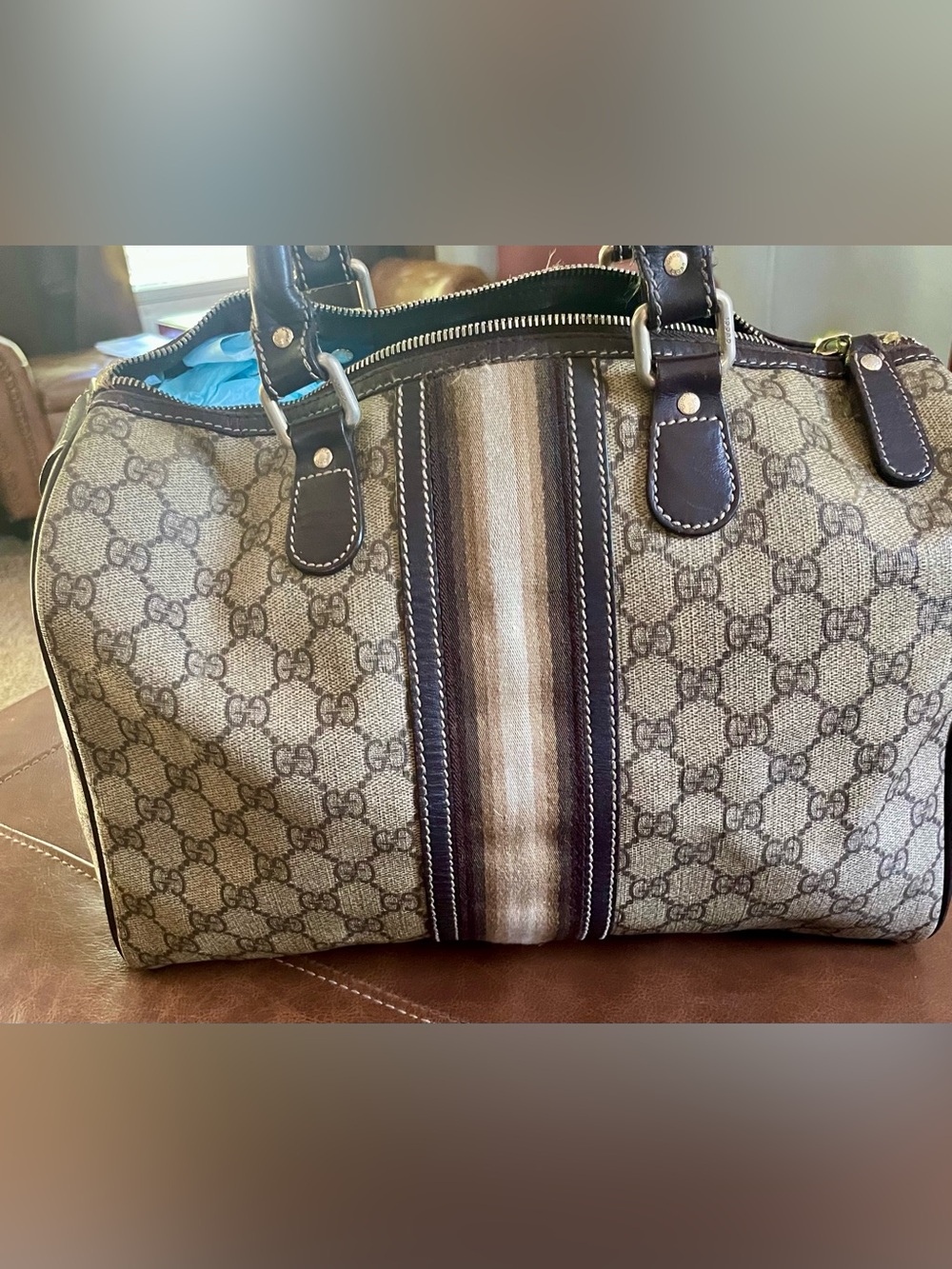 Gucci Brown Signature Canvas satchel with Striped Center